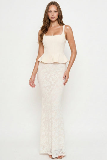 Cream formal gown with a square-neck corset peplum bodice and a floor-length lace skirt from Boutinie.