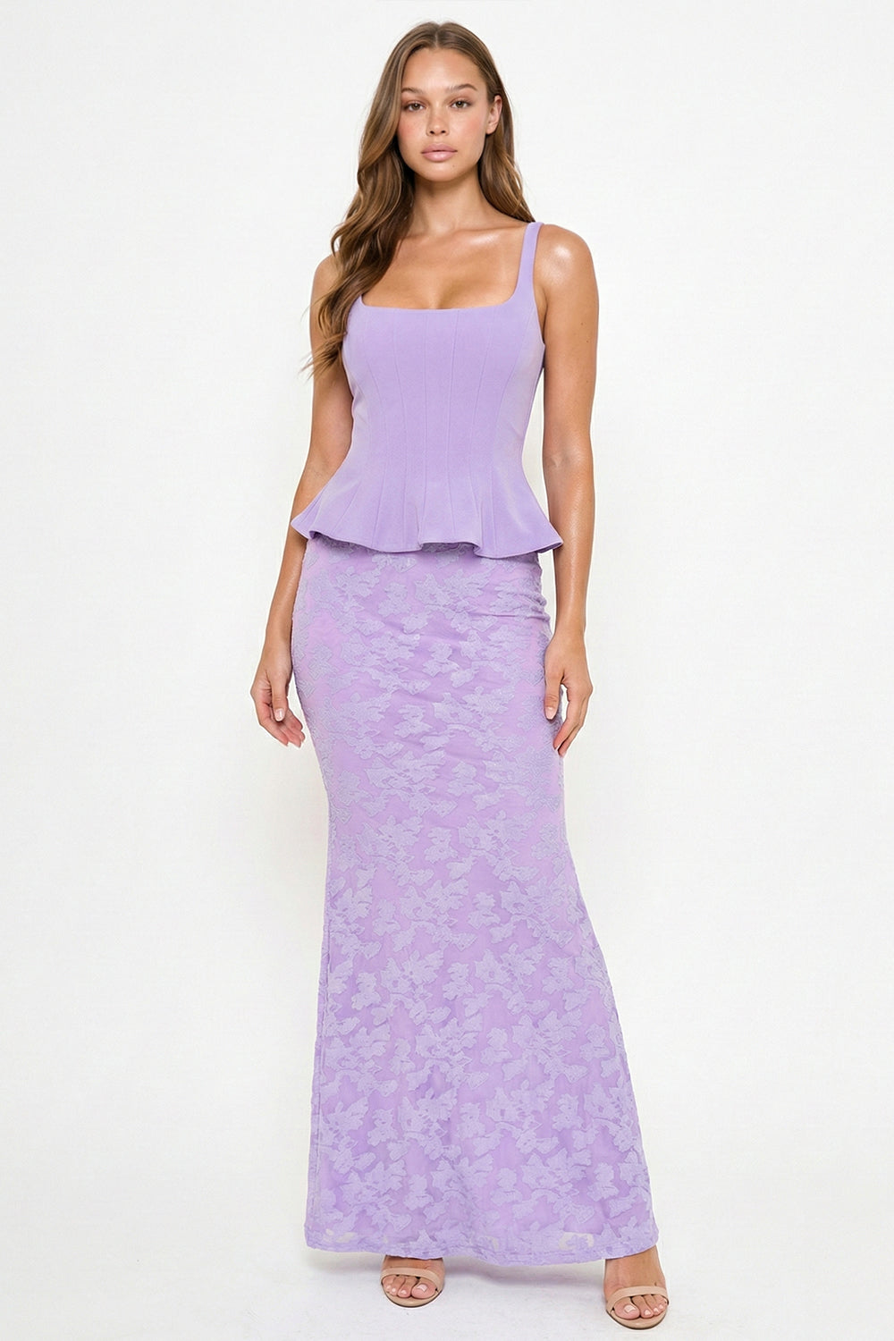 Boutinie lilac square-neck peplum top with matching floral lace maxi skirt for formal occasions.