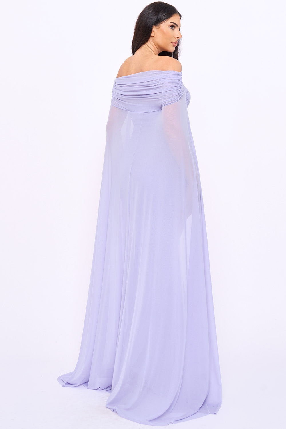 Lavender off-the-shoulder chiffon maxi dress with draped sleeves, perfect for elegant formal events by Boutinie.