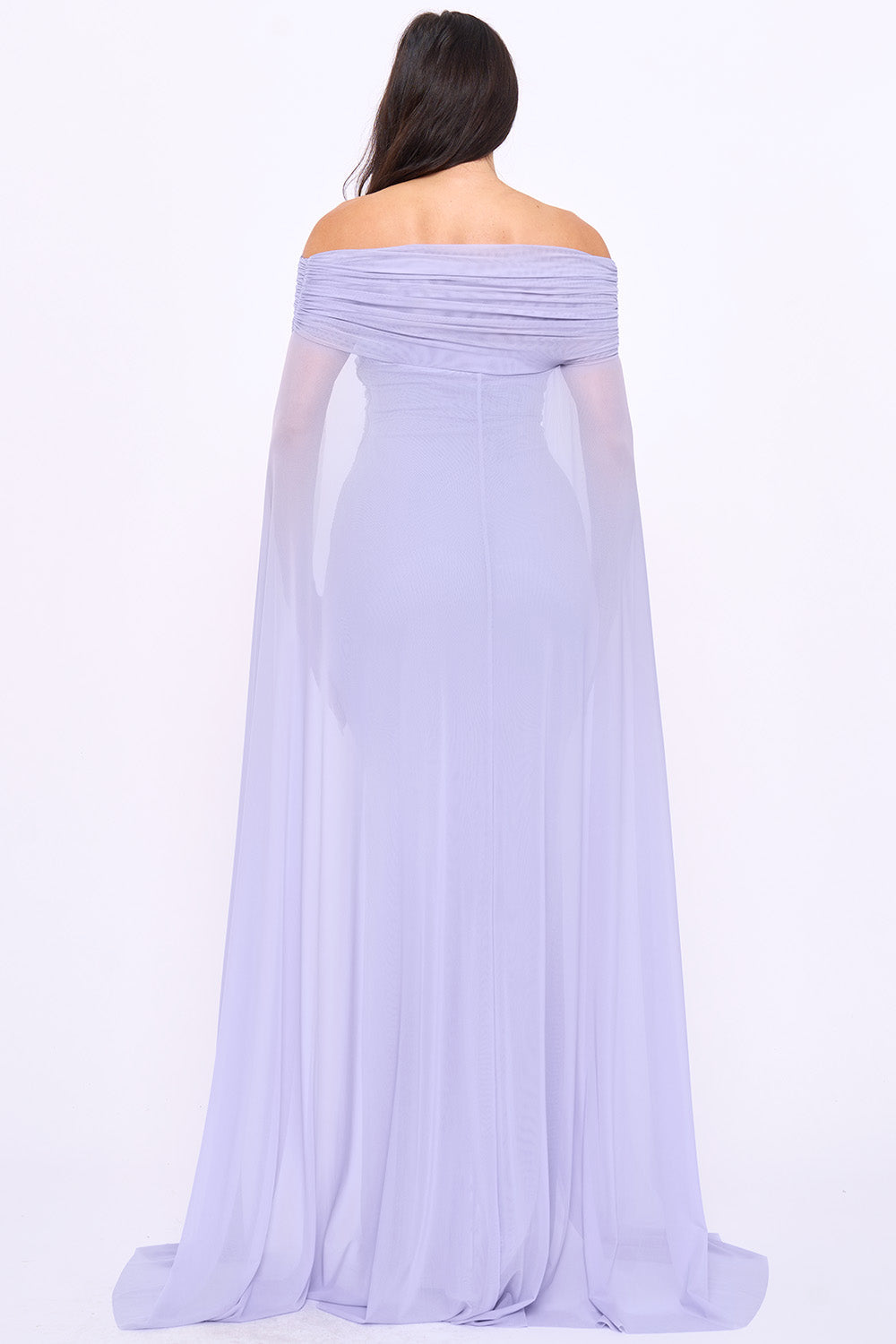 Lilac off-shoulder formal gown with draped mesh cape sleeves and a floor-length silhouette from Boutinie.