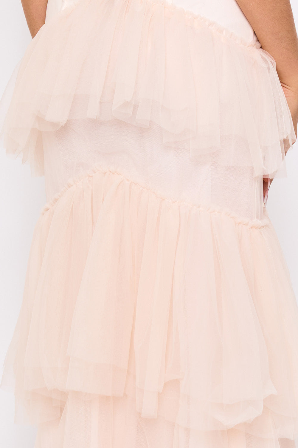 Blush pink tiered tulle midi dress from Boutinie, perfect for formal occasions and weddings.