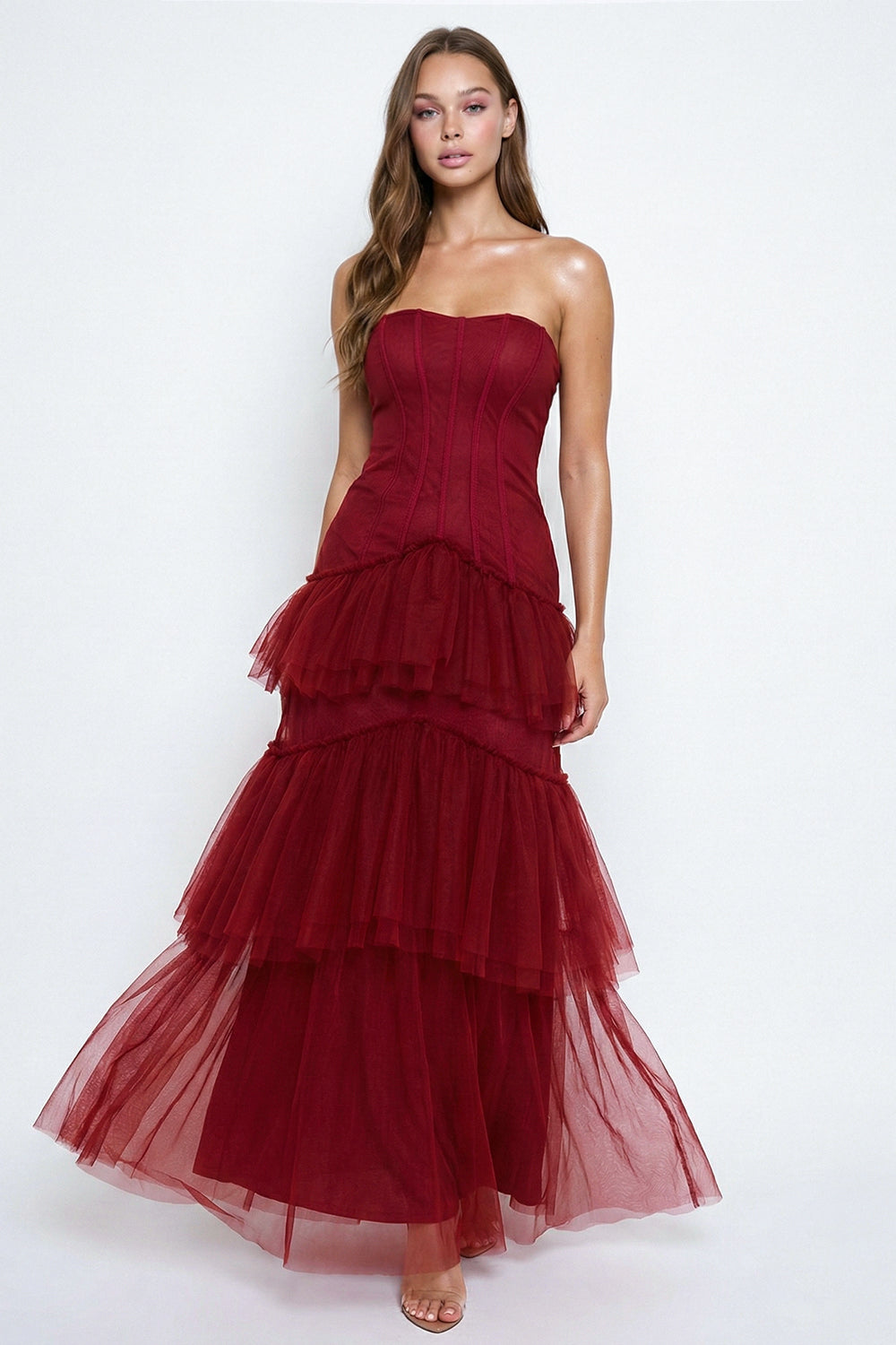 Burgundy strapless corset bodice tulle tiered maxi dress for formal occasions by Boutinie.