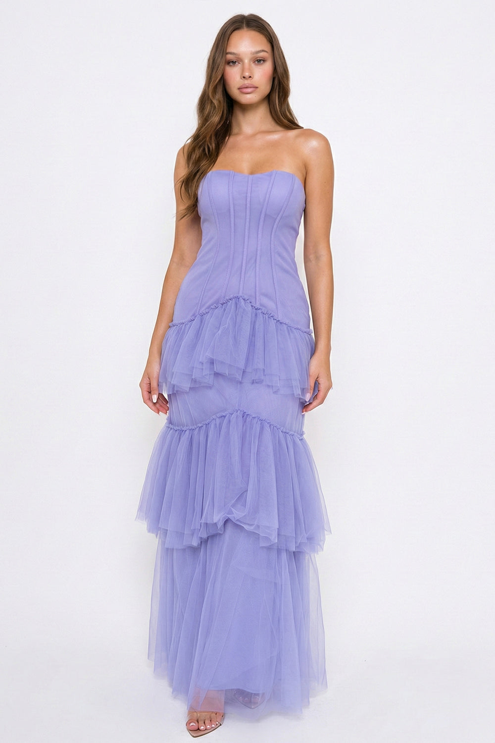 Lavender strapless maxi dress with a corset bodice and tiered tulle skirt for formal events at Boutinie.
