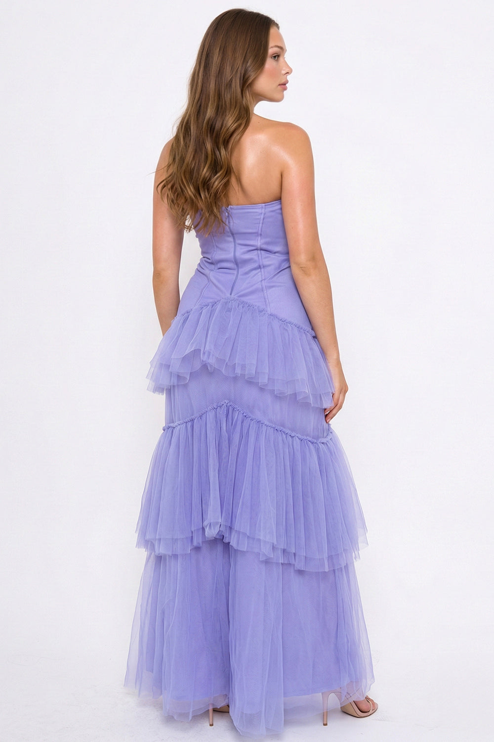 Lavender strapless tiered tulle maxi dress for formal events from Boutinie.