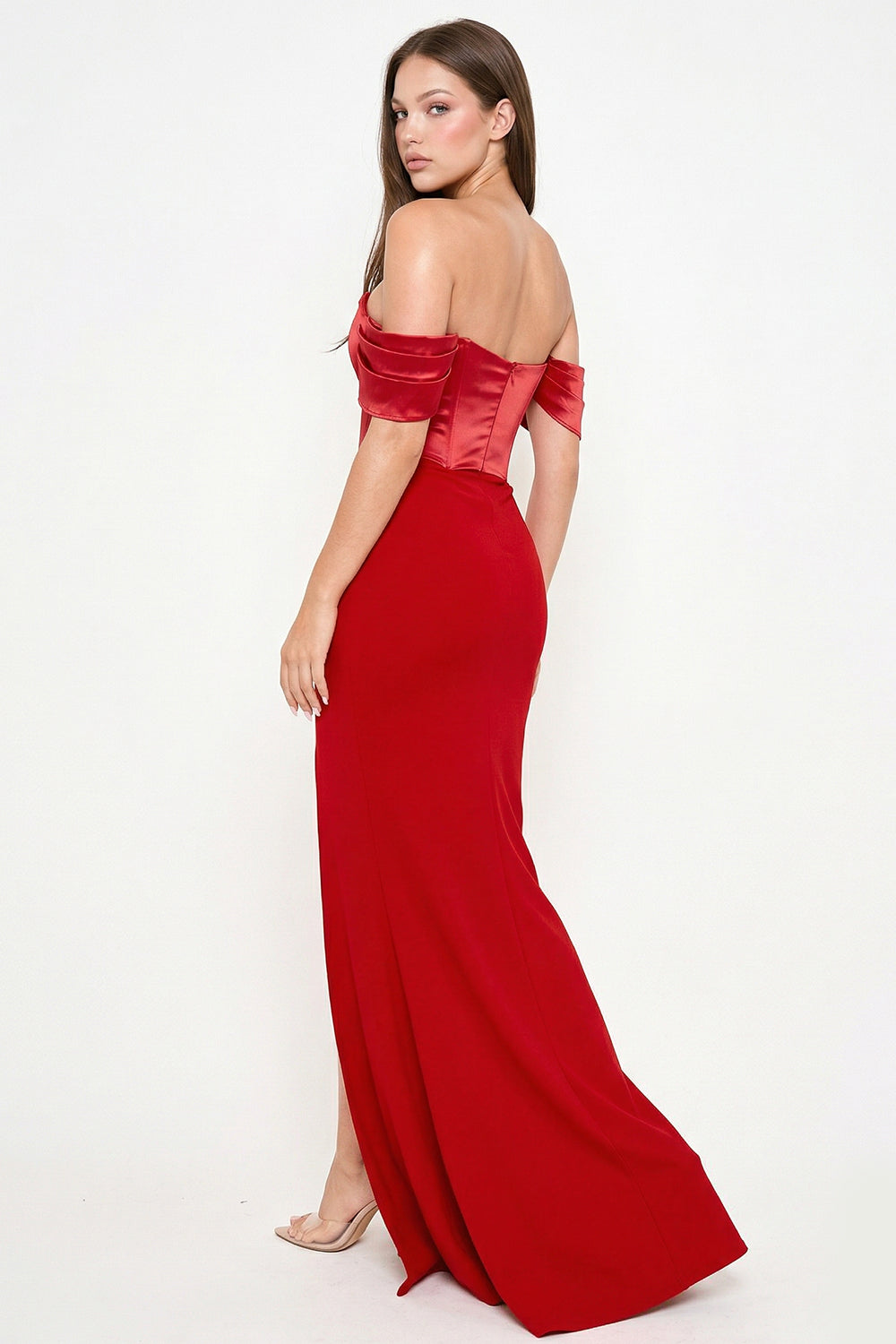 Boutinie red off-shoulder satin corset evening gown with a floor-length silhouette for formal occasions.