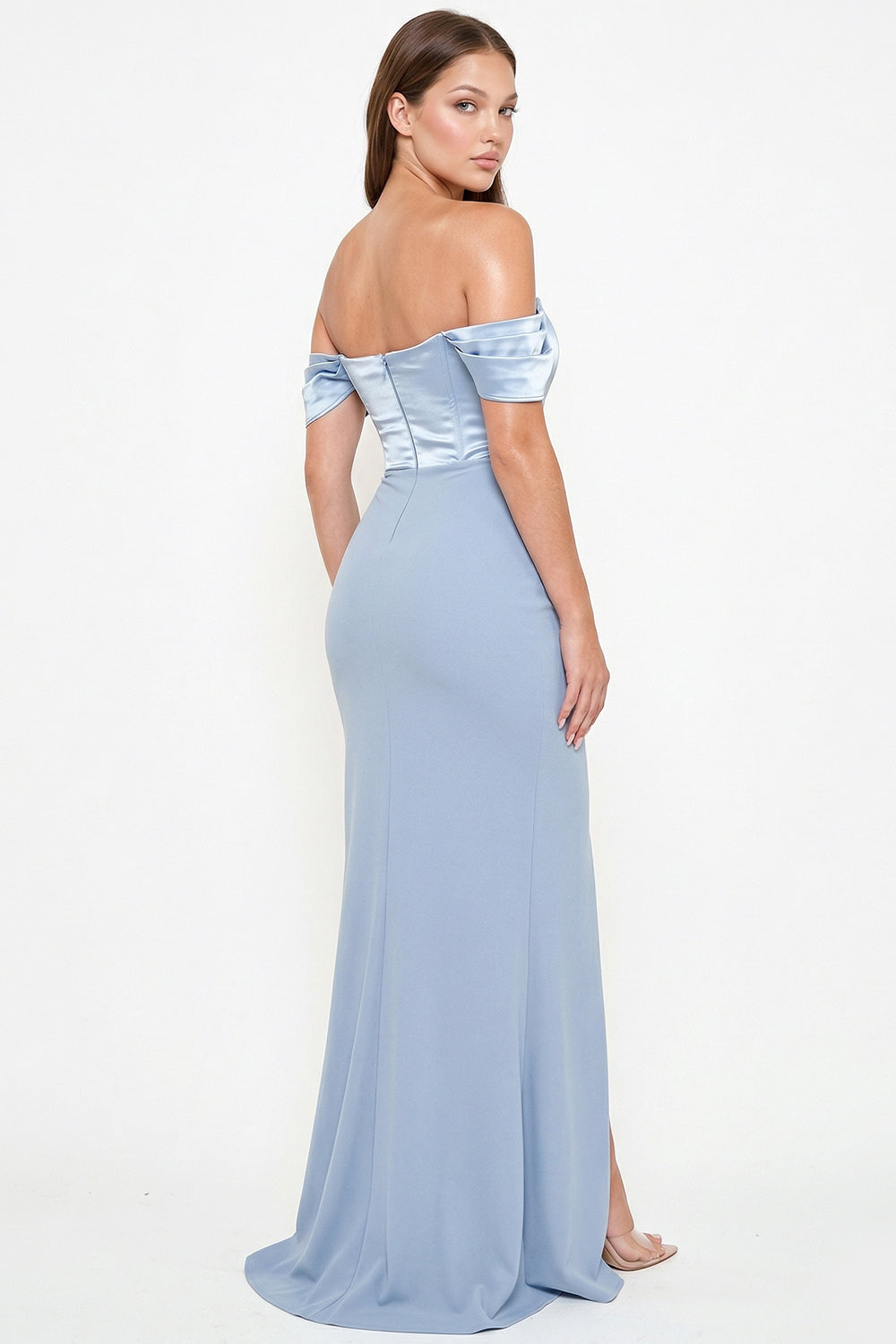 Dusty blue off-the-shoulder evening gown with a satin bodice and floor-length skirt from Boutinie.