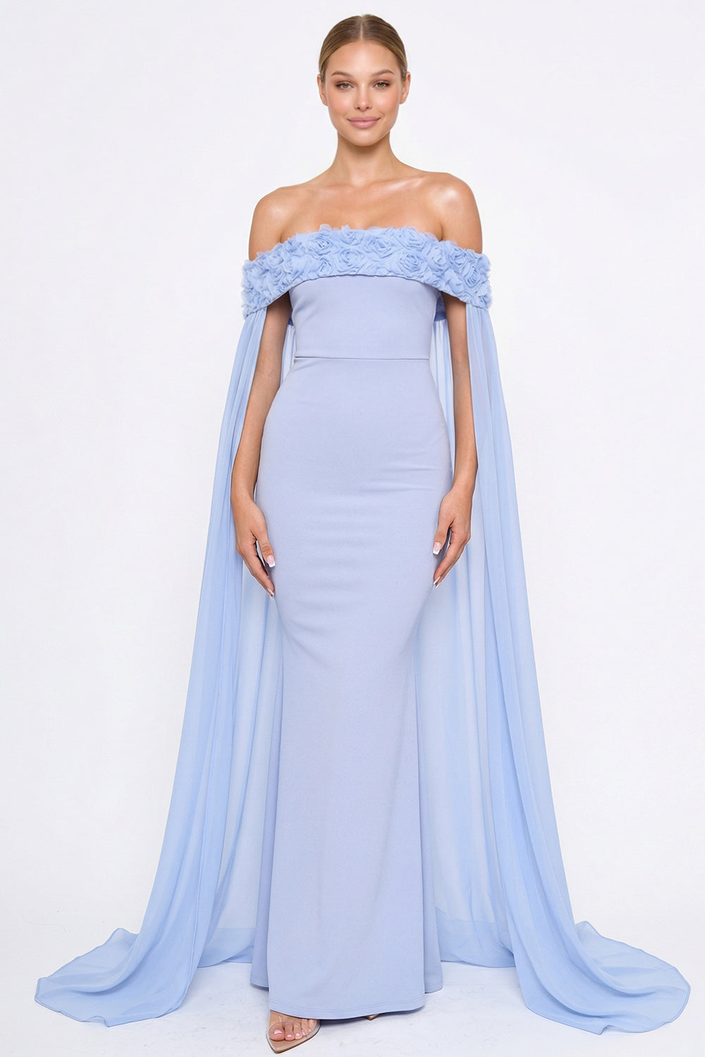 Periwinkle blue off-the-shoulder gown with floral neckline detail and flowing chiffon cape sleeves for formal events.