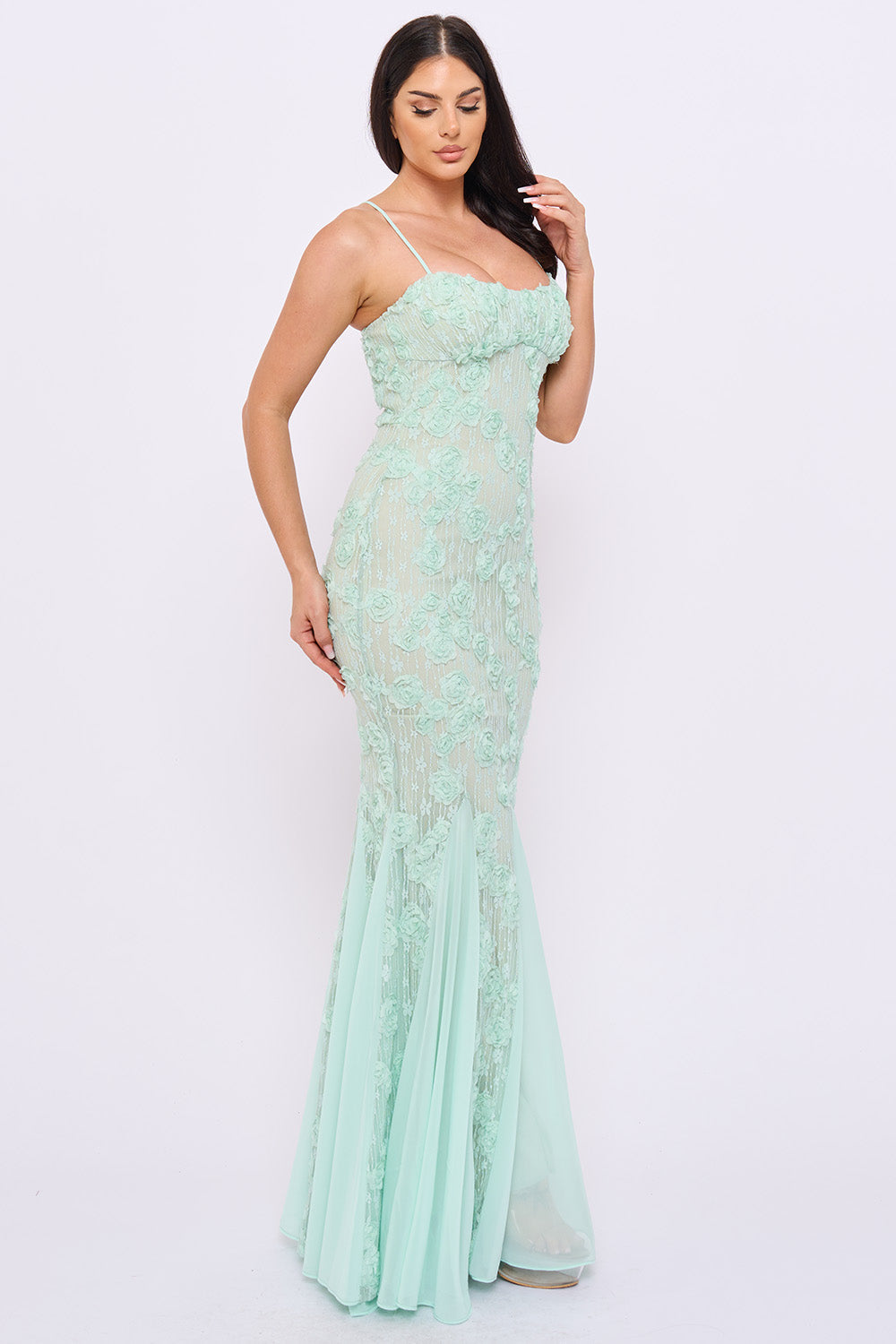 Boutinie pink sleeveless mermaid gown with 3D floral lace appliqué, perfect for formal events or evening wear.