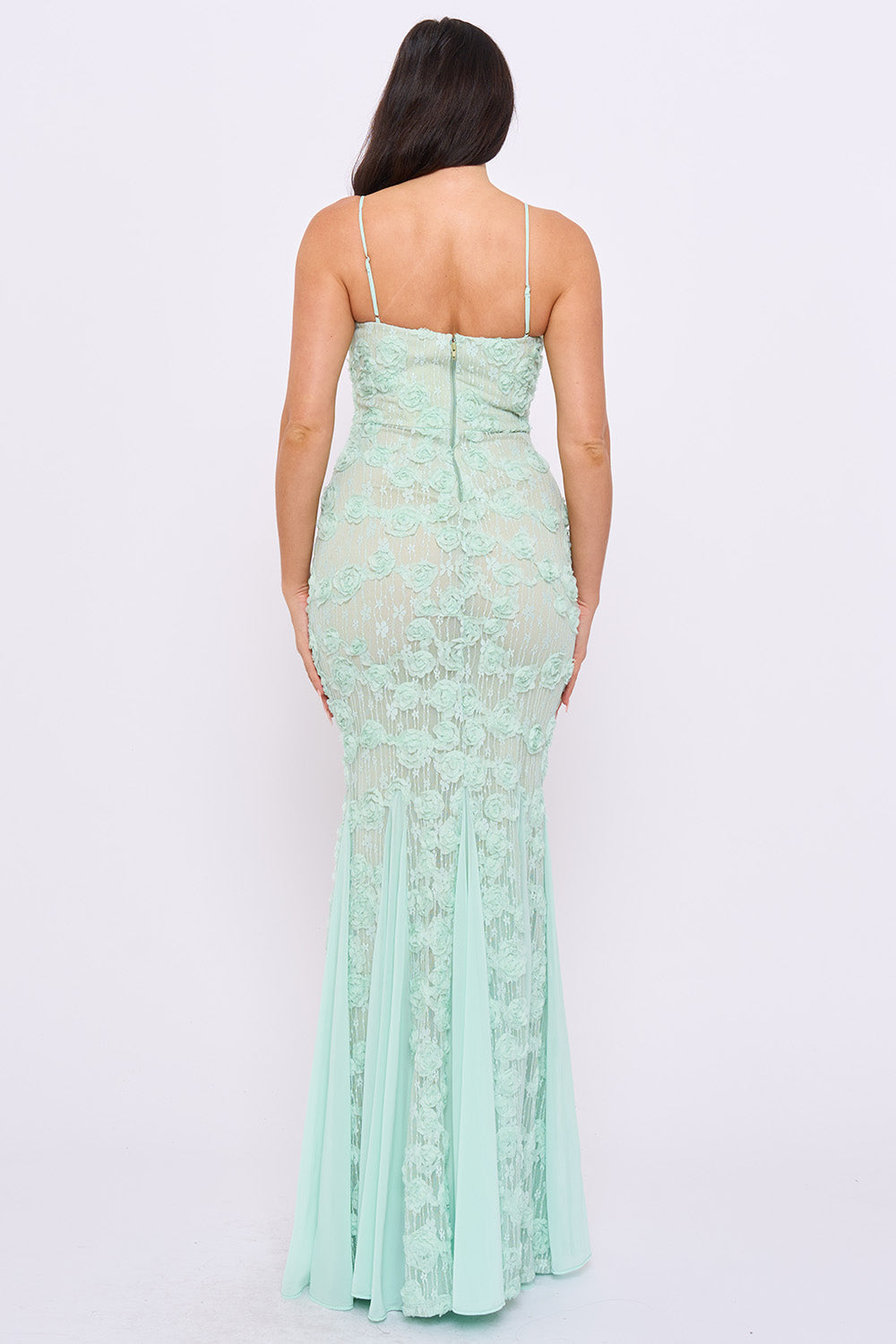 Mint green floral lace mermaid evening gown with spaghetti straps, perfect for formal occasions at Boutinie.