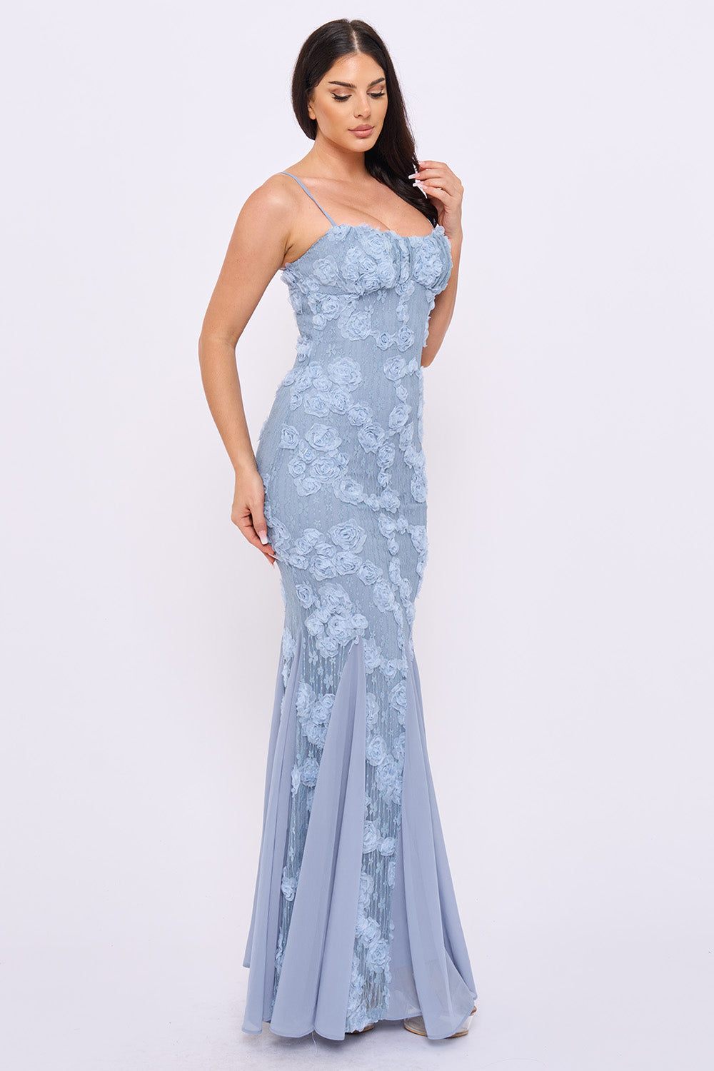 Dusty blue maxi dress with spaghetti straps, floral lace texture, and a fitted mermaid silhouette for formal events.