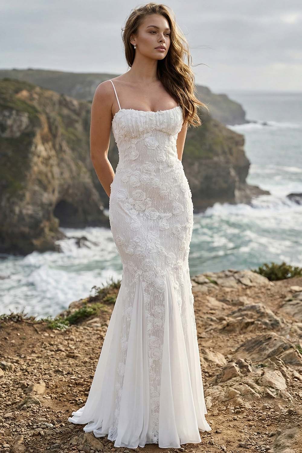 White floral lace mermaid wedding dress with spaghetti straps and a sweetheart neckline at a coastal location.