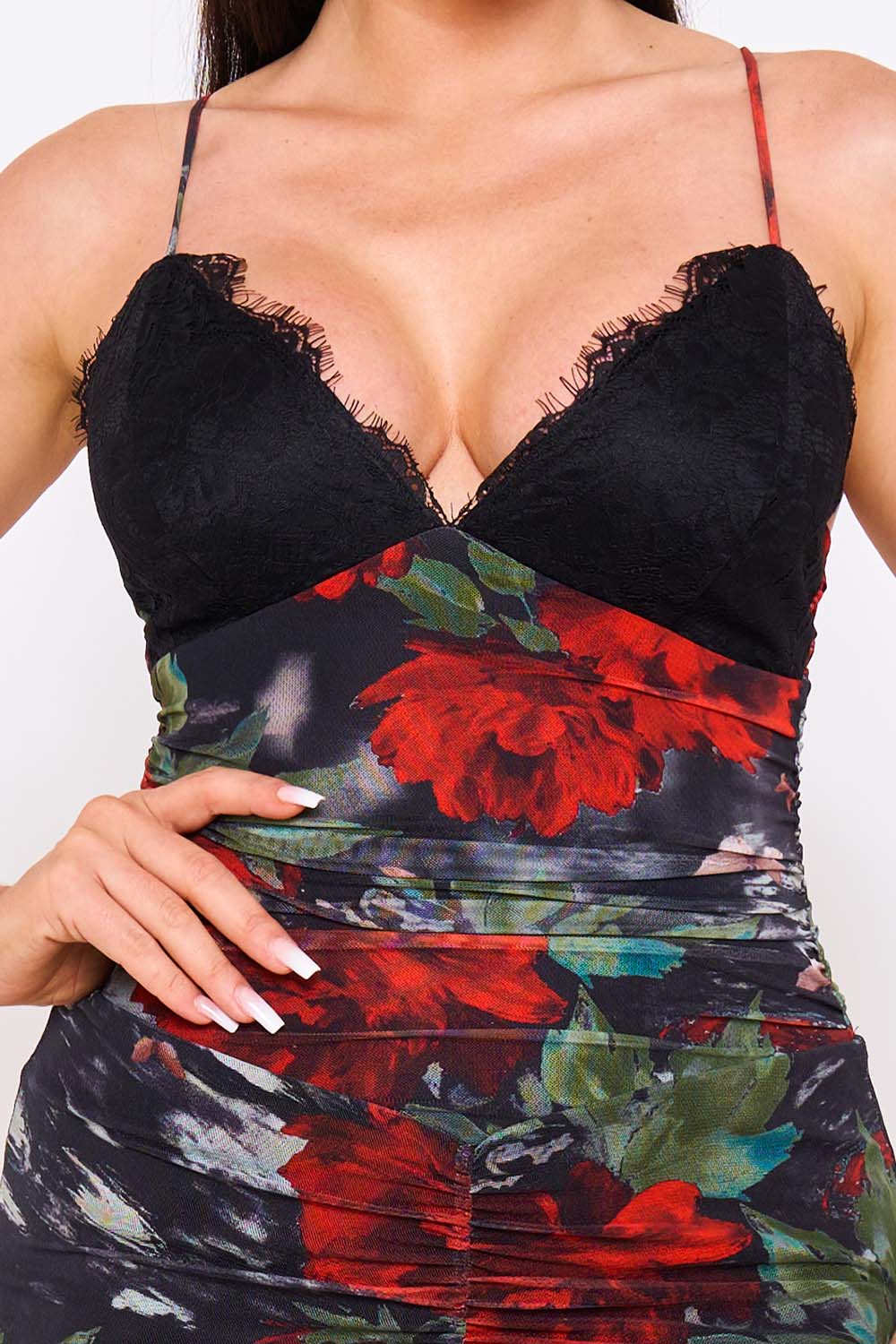 Boutinie floral mesh midi dress with black lace V-neck bodice, spaghetti straps, and ruched detail for date night.