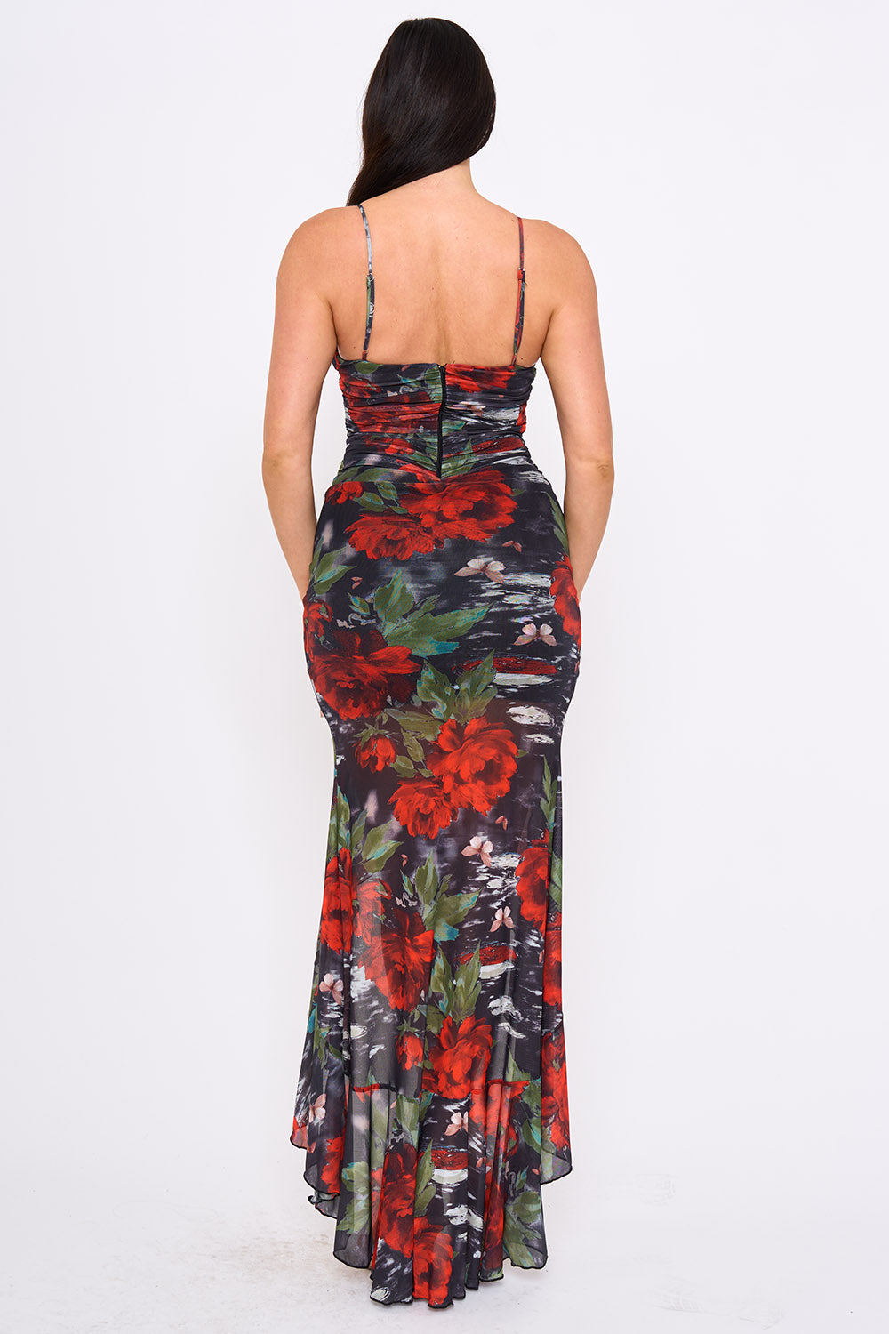 Boutinie floral print maxi dress featuring a ruched bodice, spaghetti straps, and elegant mermaid silhouette.