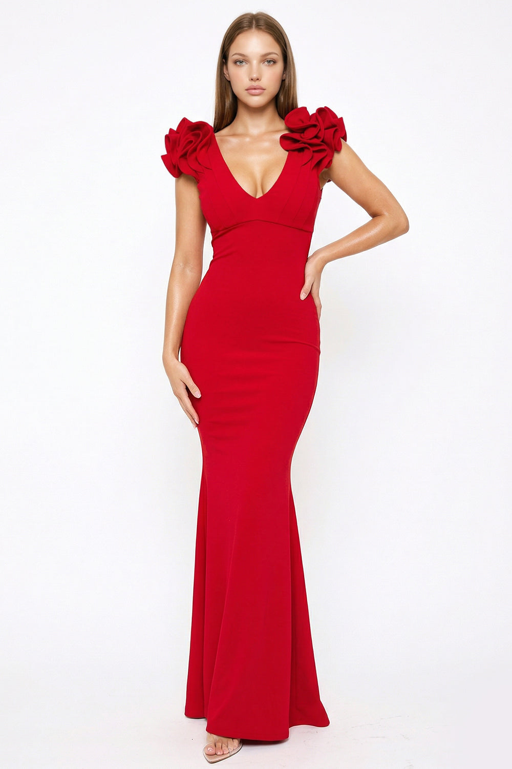 Red evening gown with deep V-neck, fitted silhouette, and dramatic ruffled cap sleeves from Boutinie.