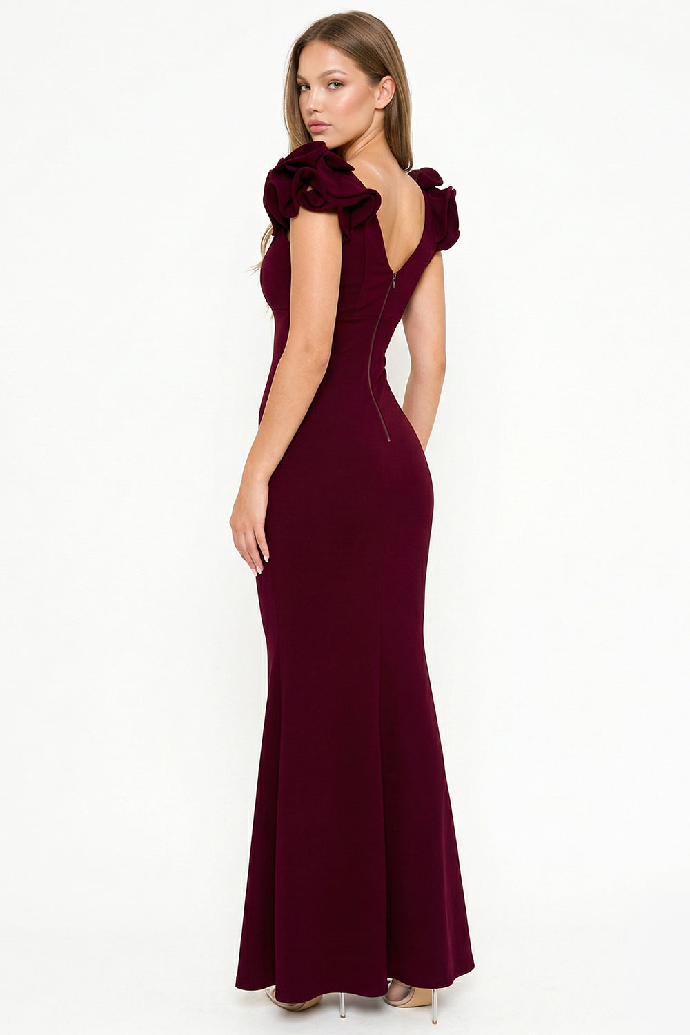 Burgundy mermaid evening gown with ruffled cap sleeves, V-neckline, and back zip closure by Boutinie.