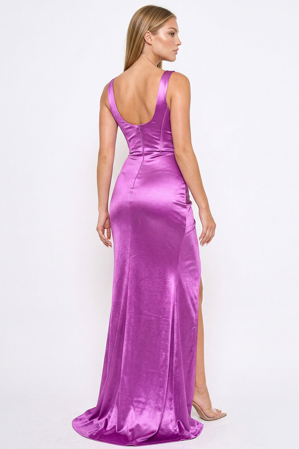 Boutinie purple satin maxi dress featuring a scoop back, corset bodice, and high slit for formal events.
