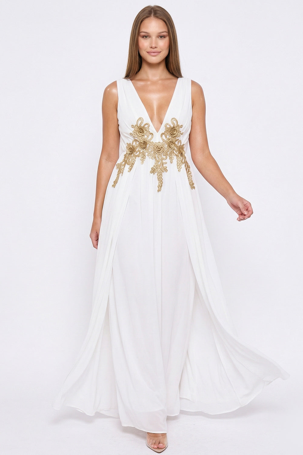 White sleeveless maxi dress with deep V-neck, flowing skirt, and intricate gold floral embroidery for evening events.