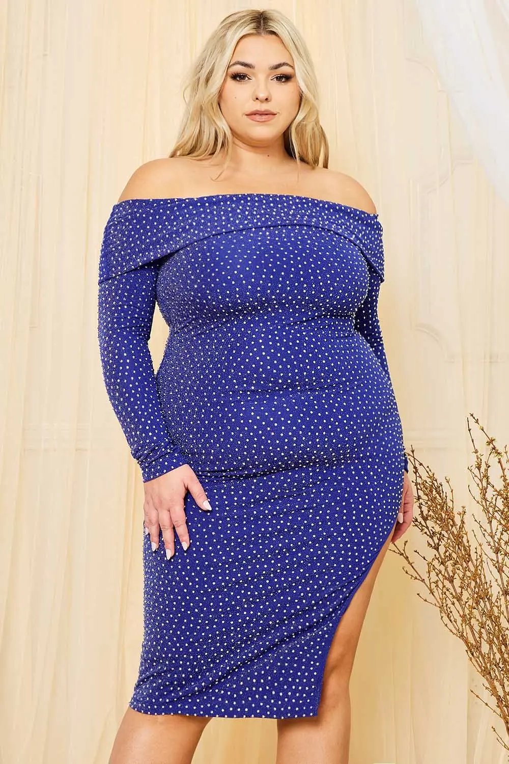 Plus Size Midi Dress | Off Shoulder Rhinestone Slit Style BOUTINIE