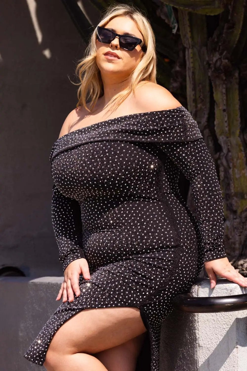 Plus Size Midi Dress | Off Shoulder Rhinestone Slit Style BOUTINIE