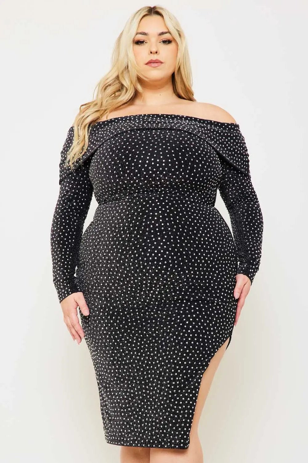 Plus Size Midi Dress | Off Shoulder Rhinestone Slit Style BOUTINIE