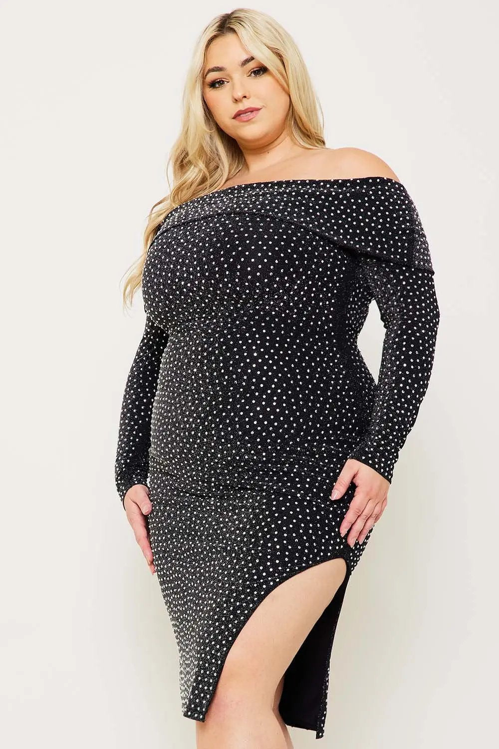 Plus Size Midi Dress | Off Shoulder Rhinestone Slit Style BOUTINIE