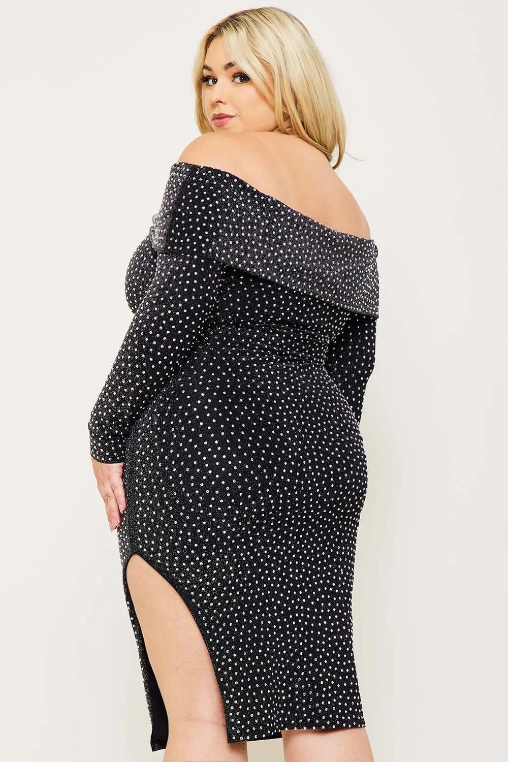 Plus Size Midi Dress | Off Shoulder Rhinestone Slit Style BOUTINIE