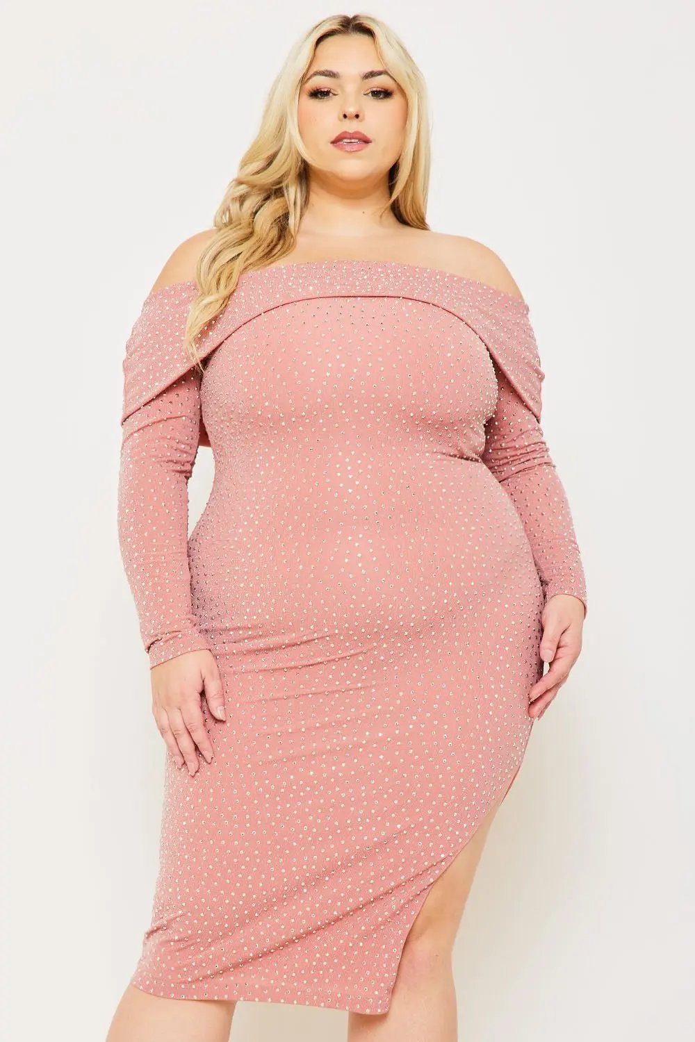 Plus Size Midi Dress | Off Shoulder Rhinestone Slit Style BOUTINIE