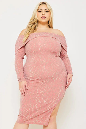 Plus Size Midi Dress | Off Shoulder Rhinestone Slit Style BOUTINIE