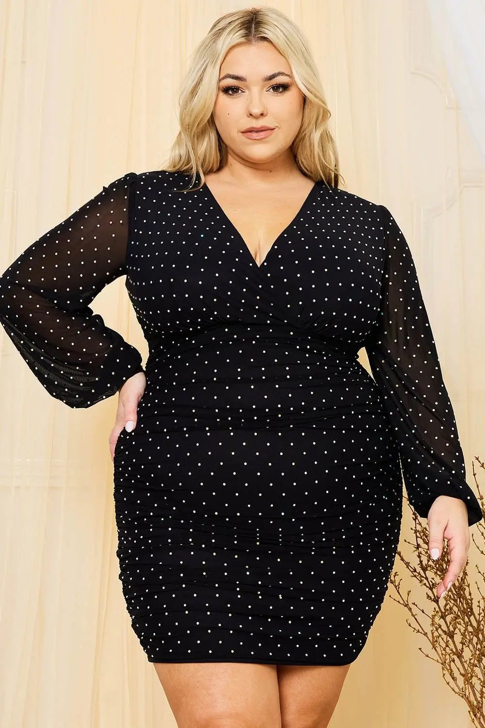 Plus Size Mini Dress - Rhinestone Mesh Overlay With Long Sleeve BOUTINIE