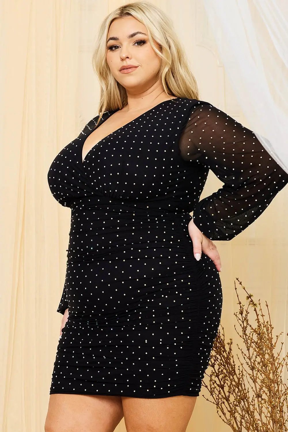 Plus Size Mini Dress - Rhinestone Mesh Overlay With Long Sleeve BOUTINIE