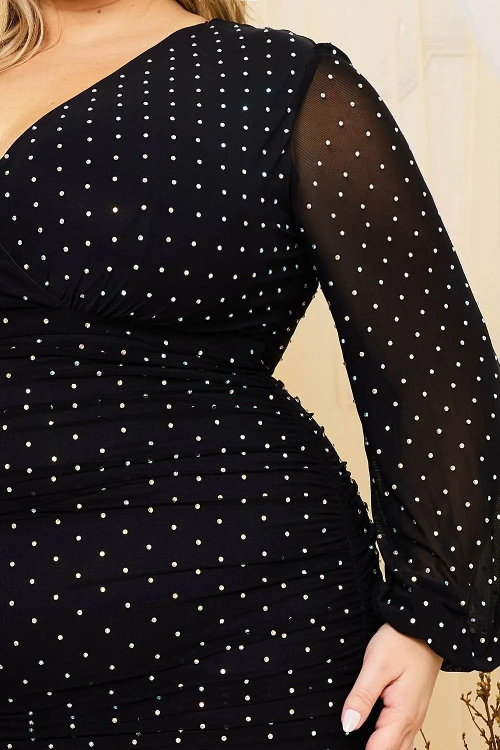 Plus Size Mini Dress - Rhinestone Mesh Overlay With Long Sleeve BOUTINIE