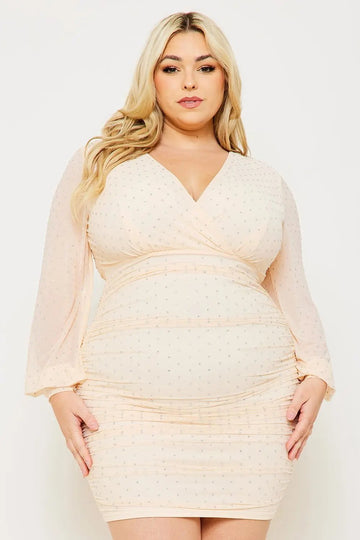 Plus Size Mini Dress - Rhinestone Mesh Overlay With Long Sleeve BOUTINIE