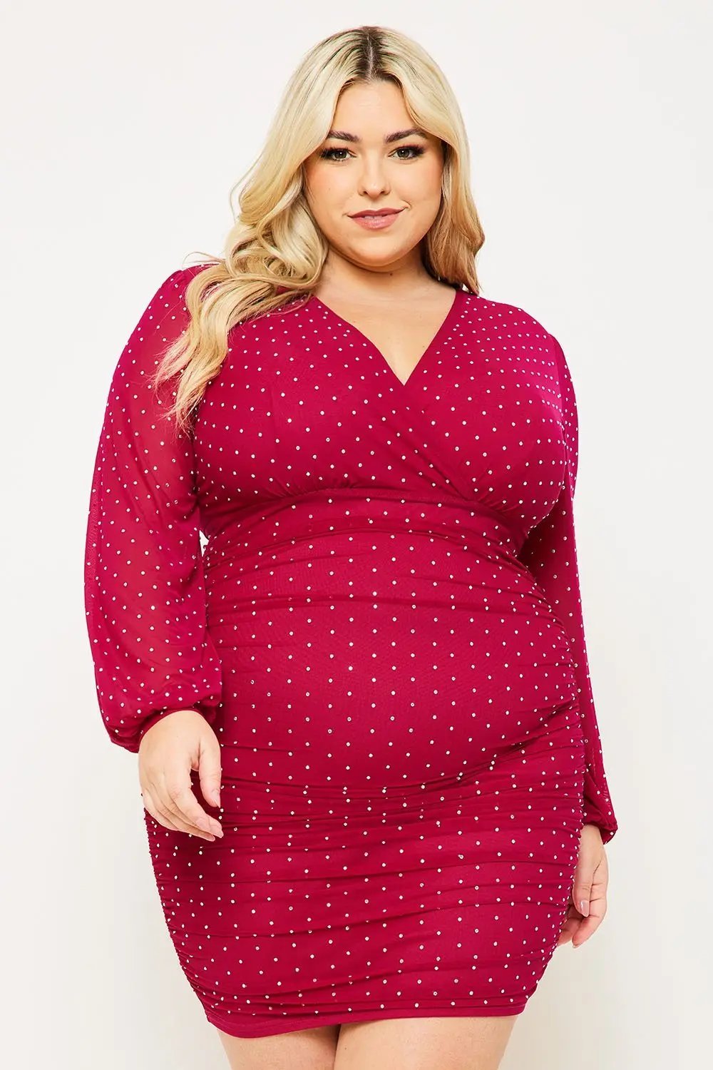 Plus Size Mini Dress - Rhinestone Mesh Overlay With Long Sleeve BOUTINIE