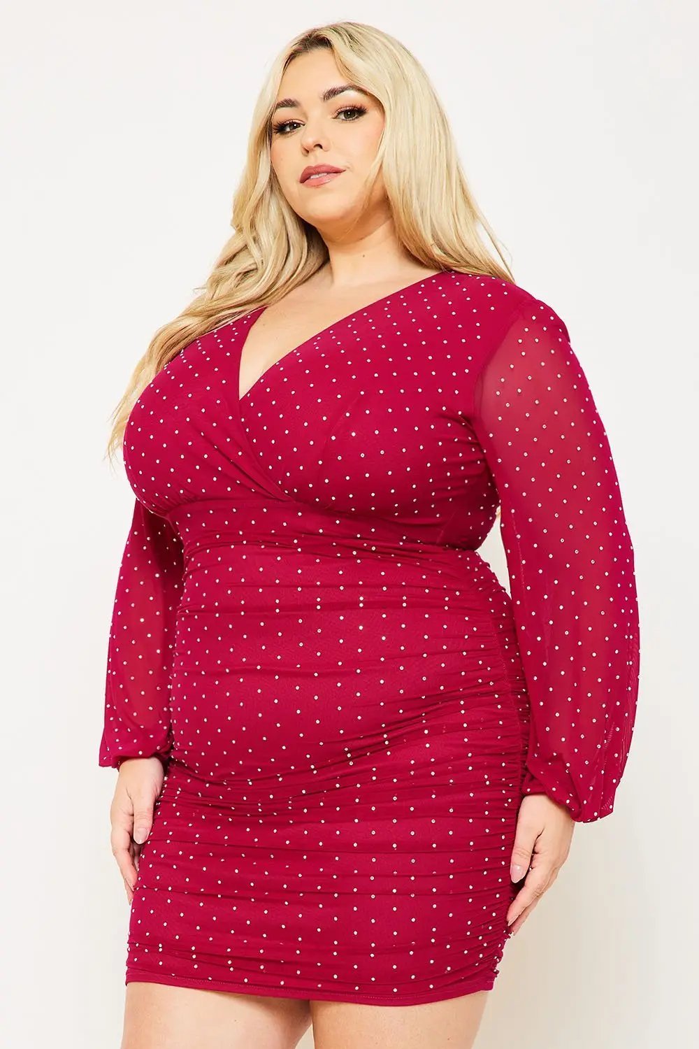 Plus Size Mini Dress - Rhinestone Mesh Overlay With Long Sleeve BOUTINIE