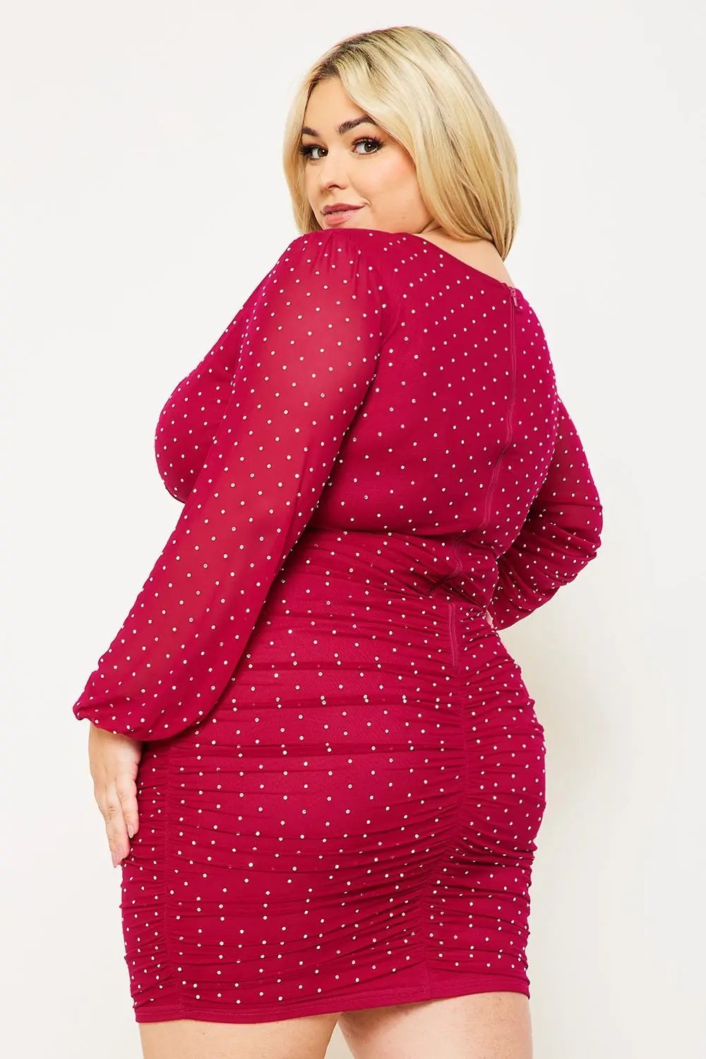 Plus Size Mini Dress - Rhinestone Mesh Overlay With Long Sleeve BOUTINIE