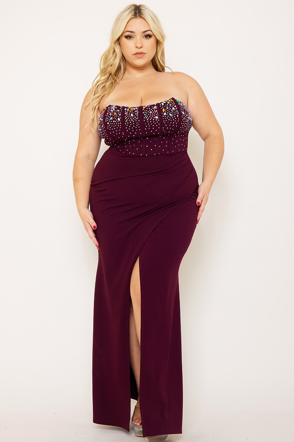 Plus Size Maxi Dress Rhinestone Bustier With Zipper Back Detail BOUTINIE