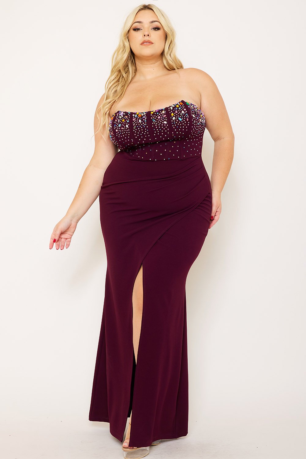 Plus Size Maxi Dress Rhinestone Bustier With Zipper Back Detail BOUTINIE