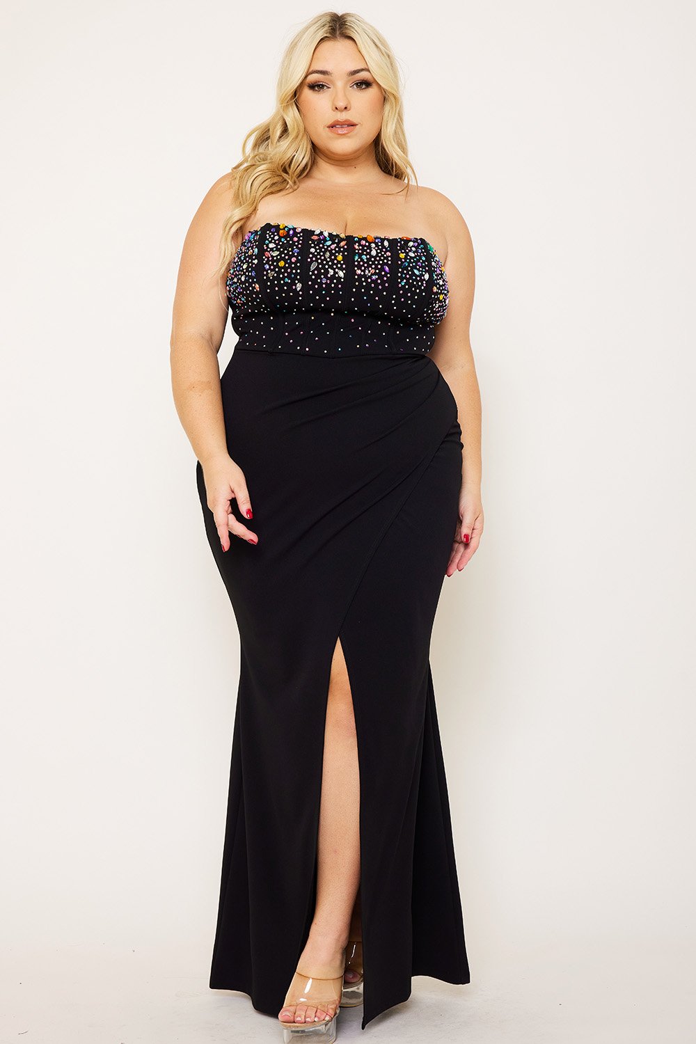 Plus Size Maxi Dress Rhinestone Bustier With Zipper Back Detail BOUTINIE