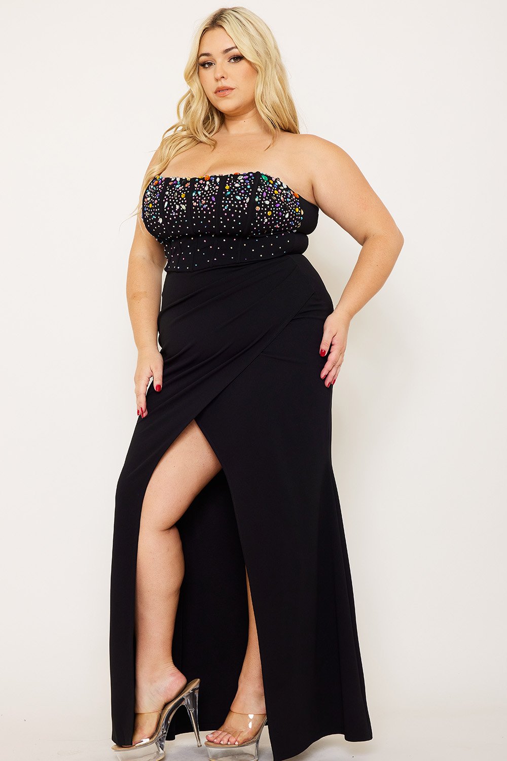 Plus Size Maxi Dress Rhinestone Bustier With Zipper Back Detail BOUTINIE