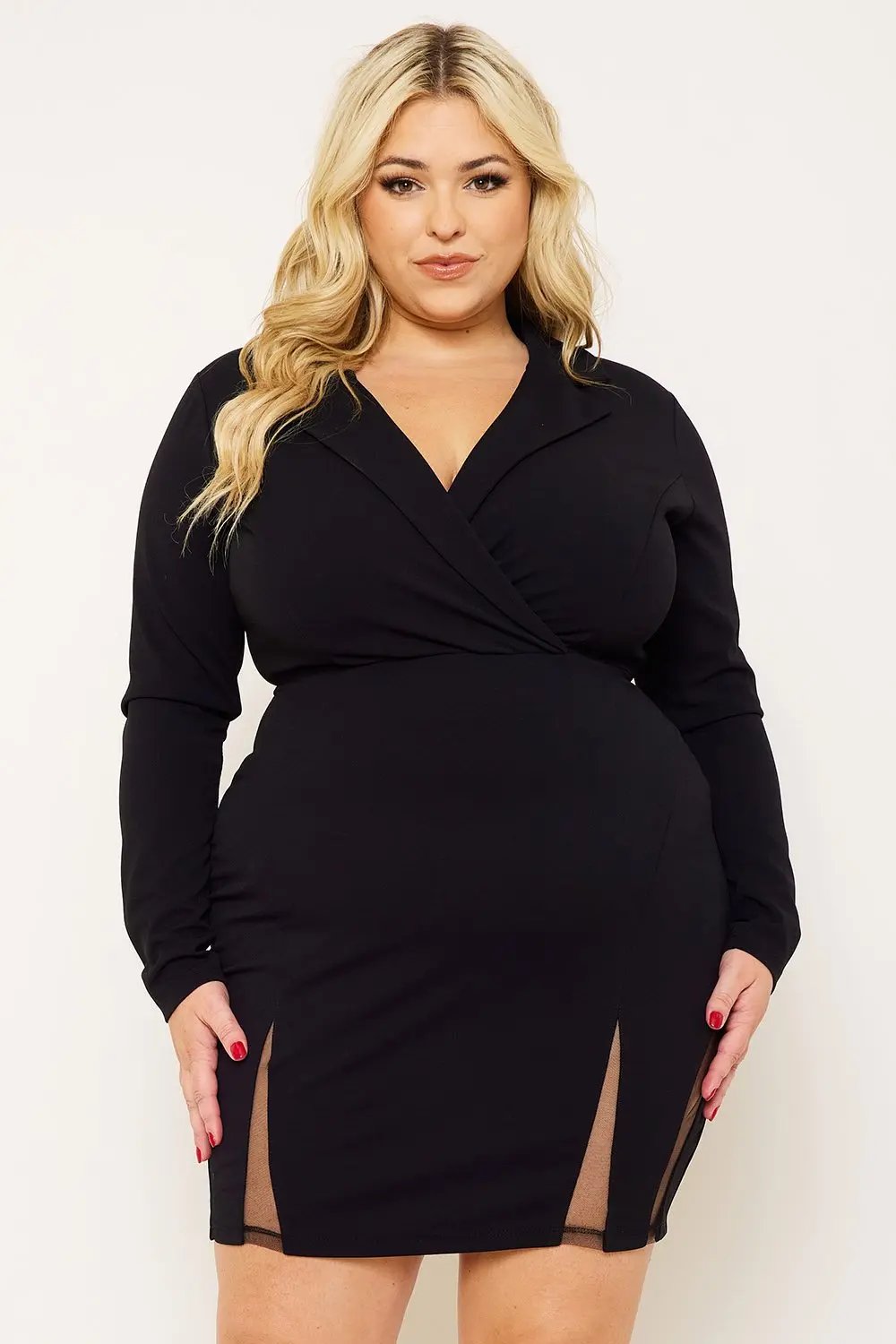 Plus Size Mini Dress - Long Sleeve Mesh Hem Party Dress BOUTINIE