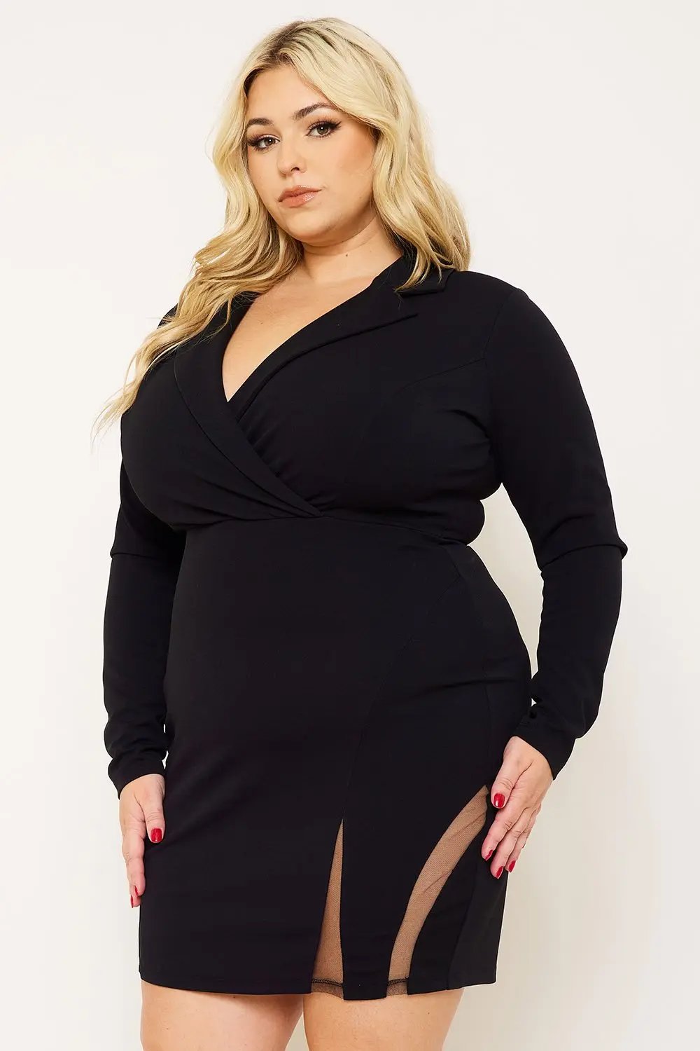 Plus Size Mini Dress - Long Sleeve Mesh Hem Party Dress BOUTINIE