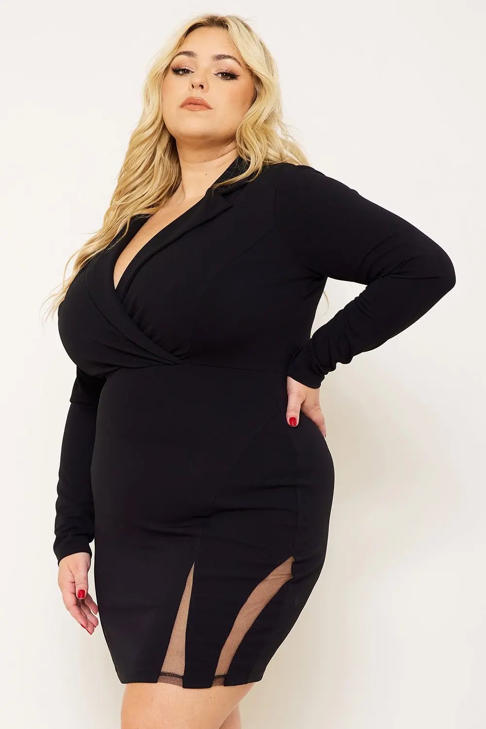 Plus Size Mini Dress - Long Sleeve Mesh Hem Party Dress BOUTINIE