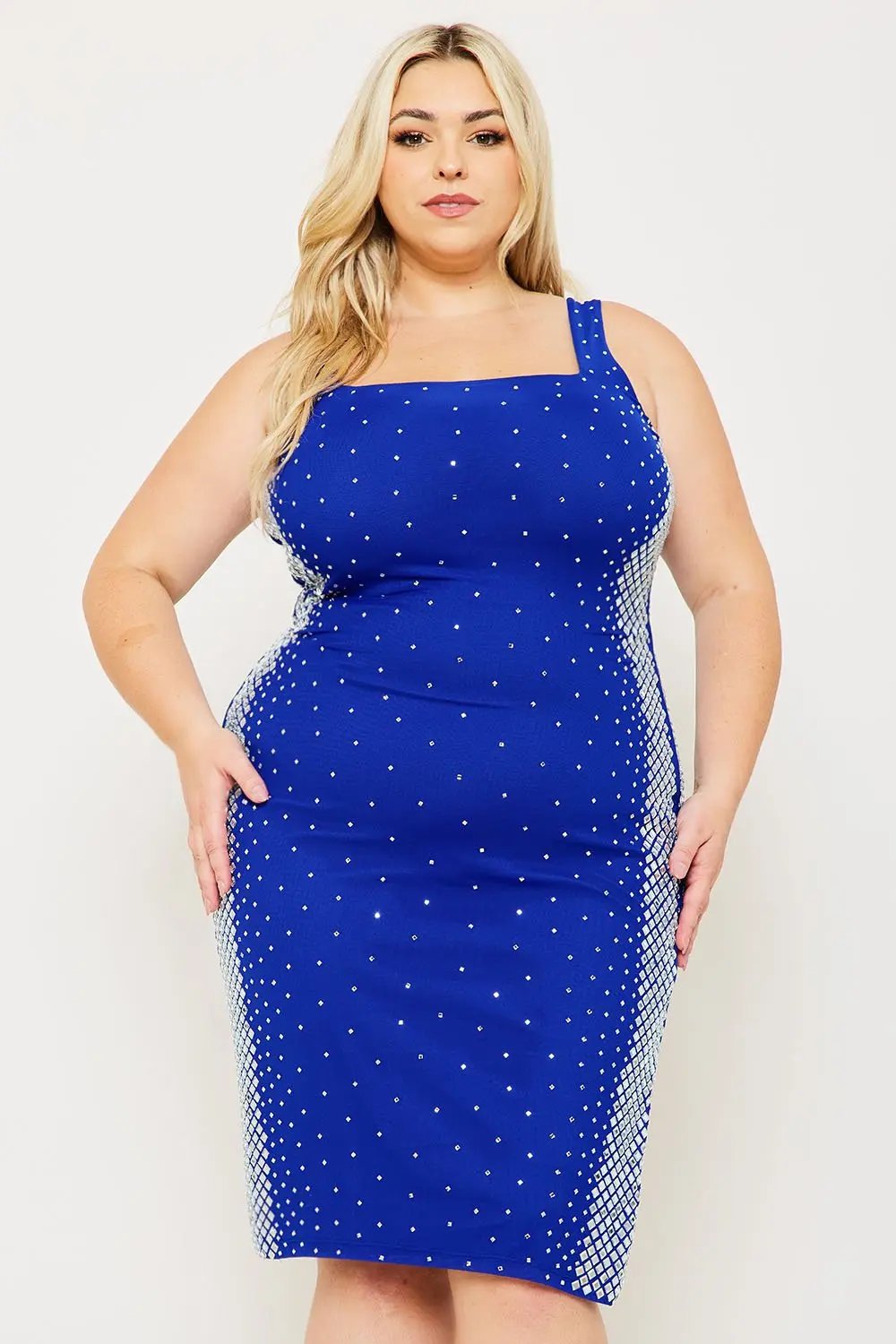 Plus Size Midi Dress - Square Neck Slip On Dress With Rhinestone Side BOUTINIE