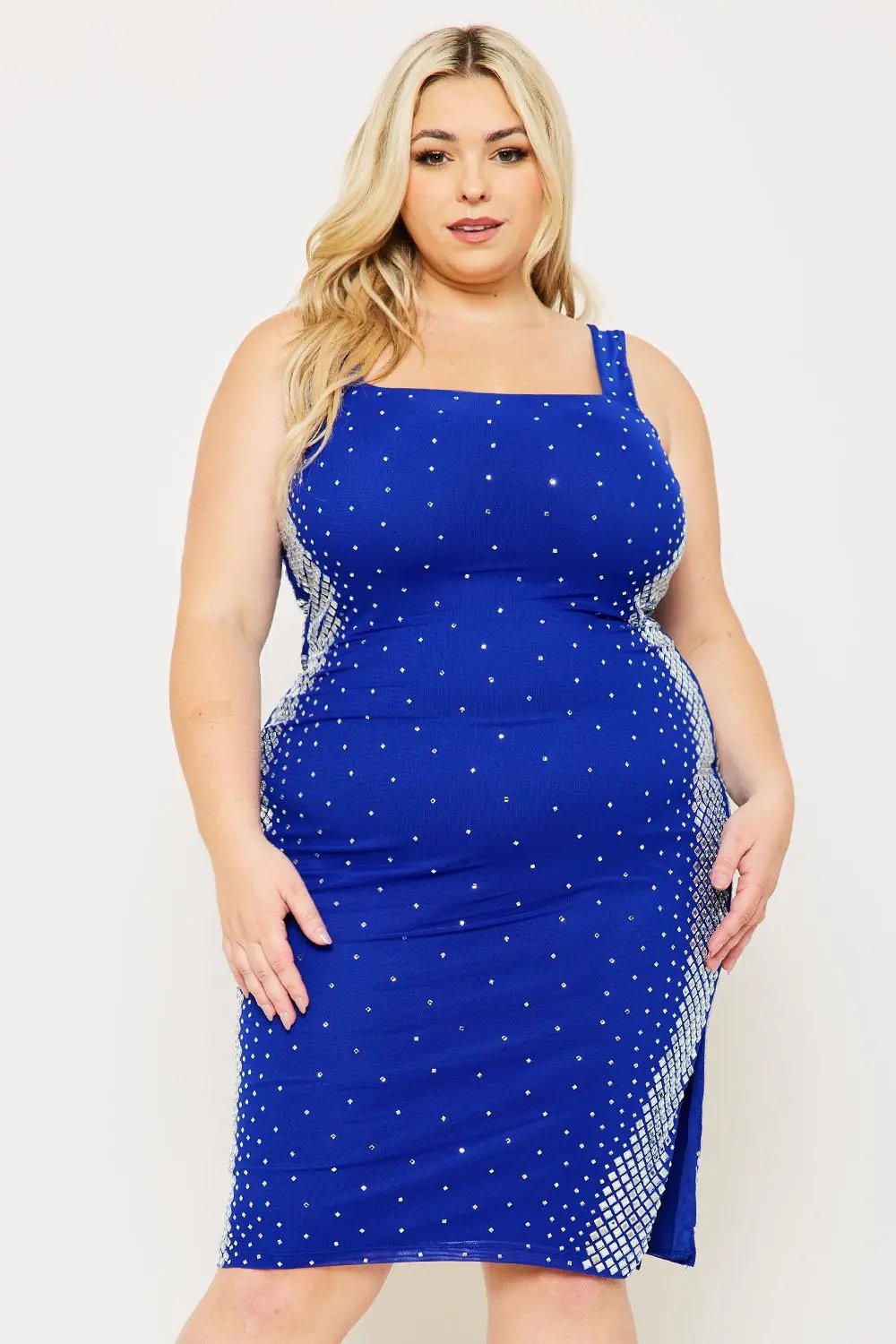 Plus Size Midi Dress - Square Neck Slip On Dress With Rhinestone Side BOUTINIE