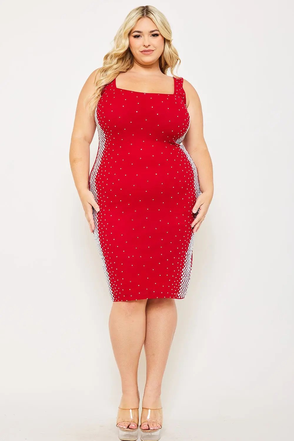 Plus Size Midi Dress - Square Neck Slip On Dress With Rhinestone Side BOUTINIE