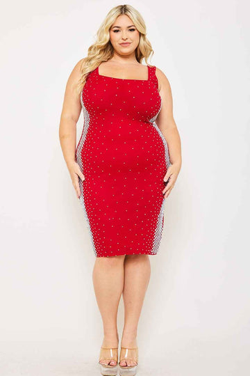 Square Rhinestone On The Side Plus Size Midi Dress