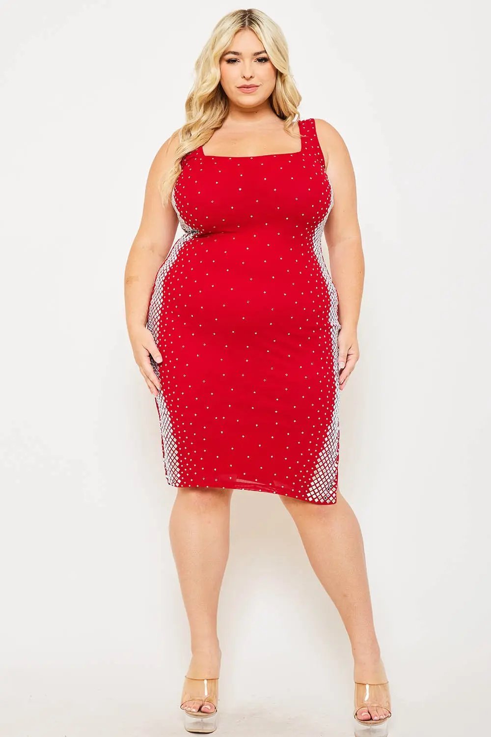 Plus Size Midi Dress - Square Neck Slip On Dress With Rhinestone Side BOUTINIE