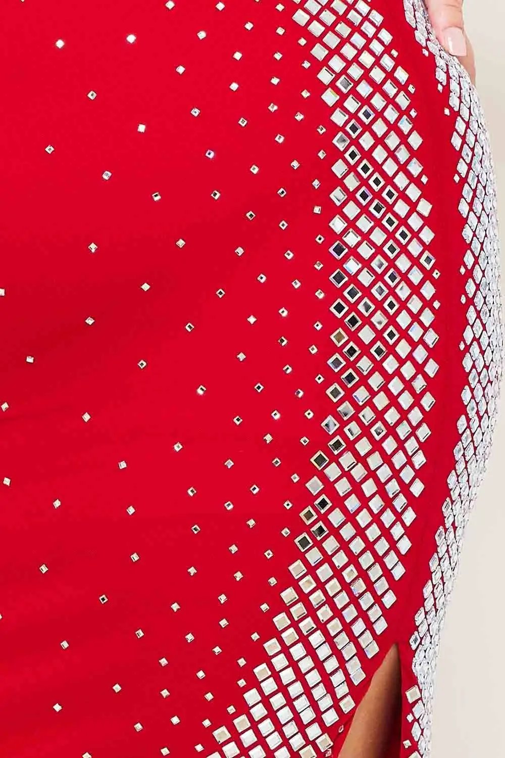 Plus Size Midi Dress - Square Neck Slip On Dress With Rhinestone Side BOUTINIE