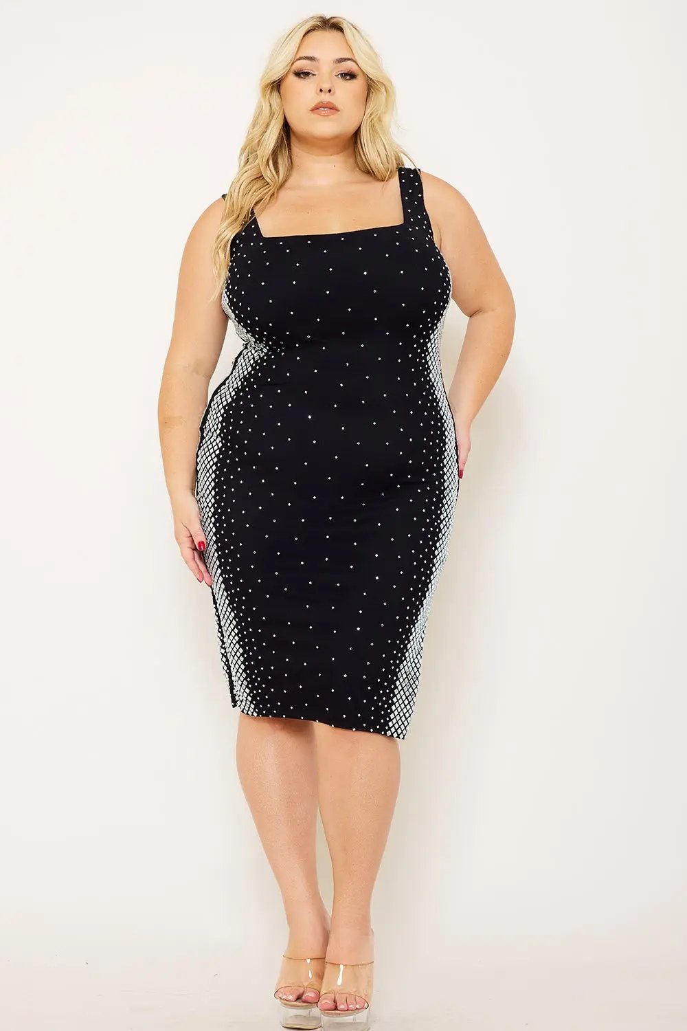 Plus Size Midi Dress - Square Neck Slip On Dress With Rhinestone Side BOUTINIE