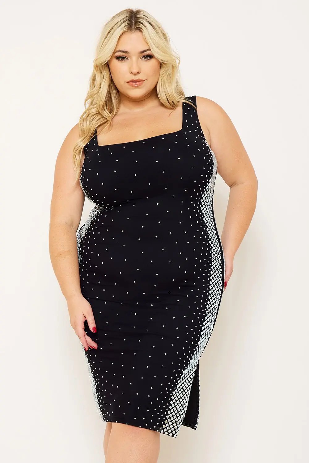 Plus Size Midi Dress - Square Neck Slip On Dress With Rhinestone Side BOUTINIE